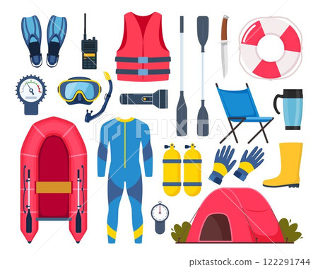 Scuba diving gear and accessories. Diver, aqualung, oxygen cylinders, wetsuit, scuba mask, snorkel, boat, camp, vest, flippers, life jacket, fins, boat, etc. Vector illustration 122291744