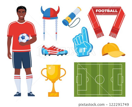 Black man soccer player and football attributes. Soccer cheer accessories. Football match, competition, championship. Set of elements for soccer, football sport event. Vector illustration. 122291749