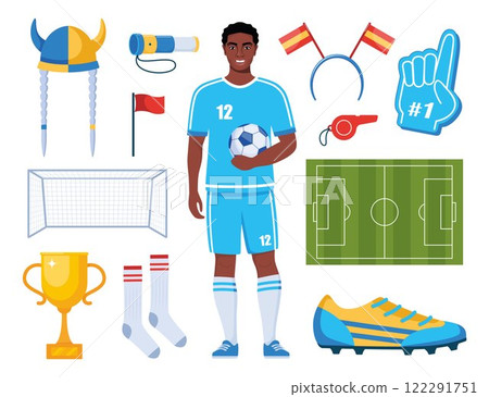 Black man soccer player and football attributes. Soccer cheer accessories. Football match, competition, championship. Set of elements for soccer, football sport event. Vector illustration. Black man soccer player and football attributes. Soccer cheer accessories. Football match, competition, championship. Set of elements for soccer, football sport event. Vector illustration. 122291751