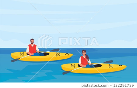 People rowing with paddles in kayak, side view. Man and woman in life jackets rafting in sports boat with oars. Extreme water activity. Vector illustration. 122291759