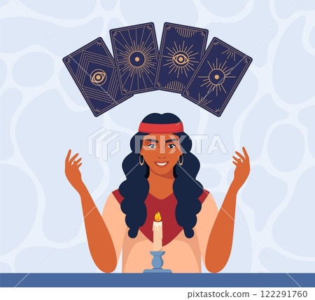 Gypsy woman fortune teller character predicts fate at table with tarot cards. Vector illustration. Gypsy woman fortune teller character predicts fate at table with tarot cards. Vector illustration. 122291760
