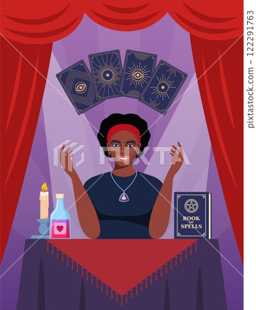 Black woman fortune teller character predicts fate at table with tarot cards. Vector illustration. 122291763