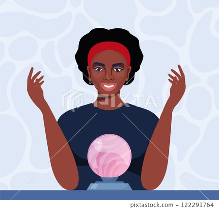 Black woman fortune teller character predicts fate at table with magic sphere. Witchcraft of woman over crystal ball. Vector illustration. Black woman fortune teller character predicts fate at table with magic sphere. Witchcraft of woman over crystal ball. Vector illustration. 122291764