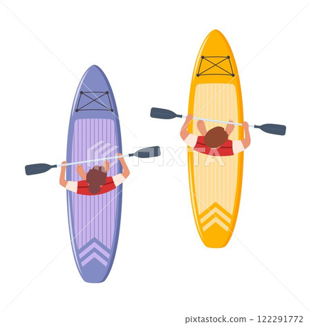 Man and woman standing on sup boards on water, holding oar, top view. Advertising of sports school, teaching to ride SUP. Vector illustration. Man and woman standing on sup boards on water, holding oar, top view. Advertising of sports school, teaching to ride SUP. Vector illustration. 122291772