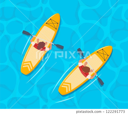 Man and woman standing on sup boards on water, holding oar, top view. Advertising of sports school, teaching to ride SUP. Vector illustration. Man and woman standing on sup boards on water, holding oar, top view. Advertising of sports school, teaching to ride SUP. Vector illustration. 122291773