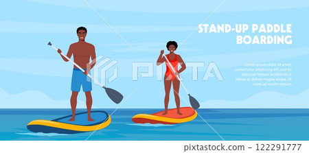 Sup boarding event poster design. Black man and woman standing on sup boards on water, holding oar and swims. Advertising of sports school, teaching to ride SUP. Vector illustration. Sup boarding event poster design. Black man and woman standing on sup boards on water, holding oar and swims. Advertising of sports school, teaching to ride SUP. Vector illustration. 122291777