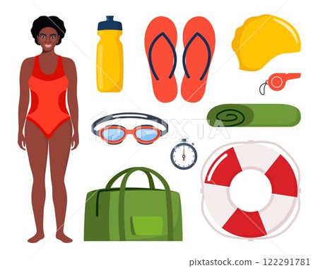Black woman in swimsuit. Swimming equipment for swimming training. Swimsuit, goggles, flippers, swim cap, water bottle, towel, stopwatch, whistle, sport bag. Vector illustration. 122291781