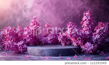 Beautiful lilac flower on podium for Mother's, Valentine's day, spring celebration. Generative AI 122291949