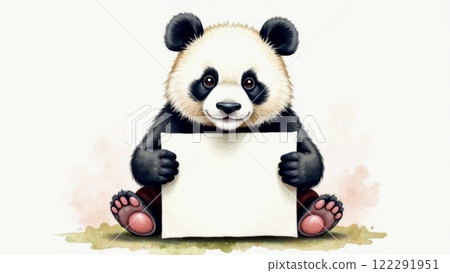 A funny panda holds a blank note in its paws on which you can write text 122291951