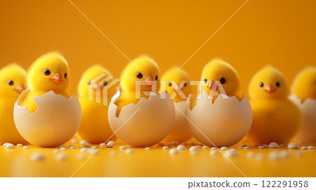 Brightly colored Easter chicks hatching from eggs on yellow Easter background. Generative AI 122291958