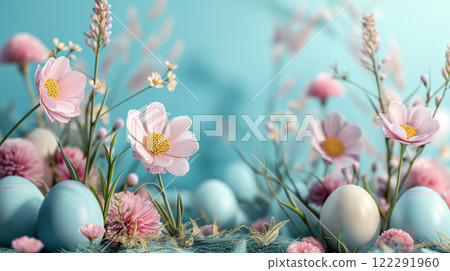 Easter background with spring flowers and Easter eggs in tranquil background. Generative AI 122291960