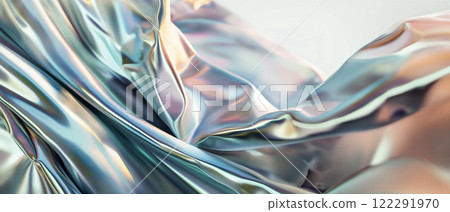 Shimmering Glossy Reflective Fabric in Iridescent Teal Beneath Soft Lighting. Generative AI 122291970