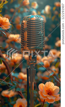 Announcement for a radio broadcast with vintage microphone, blooming roses at evening. Generative AI 122291987