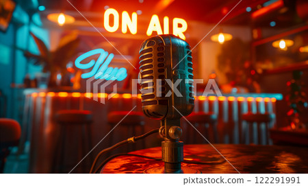Announcement for live radio broadcast with vintage microphone with On Air sign. Generative AI 122291991