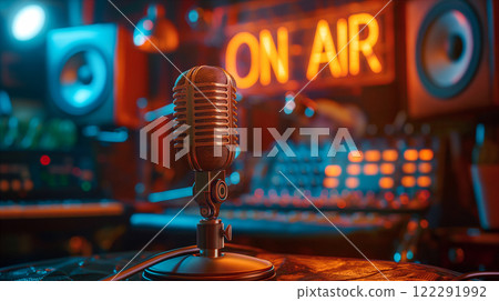 Announcement for live radio broadcast with vintage microphone with On Air sign. Generative AI 122291992