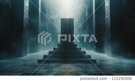 Massive ancient ruins illuminated by ethereal light in a mystical landscape at dawn. Generative AI 122292006