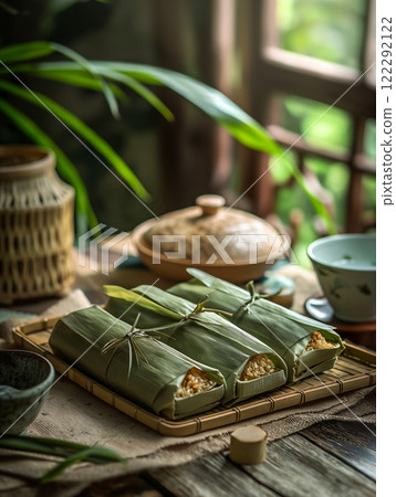Wrapped bamboo leaves create rustic still life background on wooden table. Generative AI 122292122