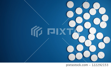 Blue background with white pills. 3D illustration. Presentation medicine and health. Blue background with white pills. 3D illustration. Presentation medicine and health. 122292153