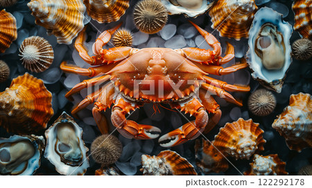 Closeup view of fresh crab surrounded by assorted oysters on a dark surface. Generative AI 122292178