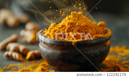 Fresh turmeric powder in wooden bowl on dark background for culinary use. Generative AI Fresh turmeric powder in wooden bowl on dark background for culinary use. Generative AI 122292179