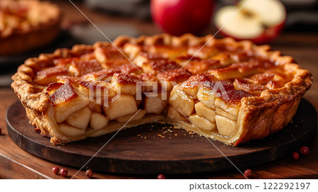 Freshly baked apple pie on wooden table surrounded by red apples. Generative AI 122292197