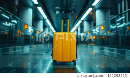 Yellow suitcase on shiny floor in empty airport terminal at night. Travel background. Generative AI 122292213
