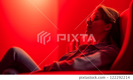 Girl in cinema chair enjoys movie. Cinema concept background. Generative AI 122292214