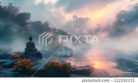 Zen tranquility at sunrise landscape with alone figure meditating by a serene lake. Generative AI 122292215