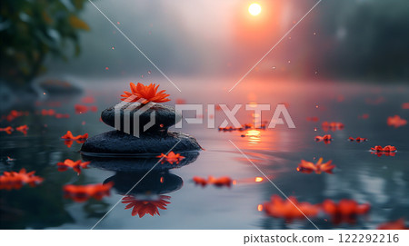 Serene zen garden at sunrise with stacked stones and floating flowers. Generative AI Serene zen garden at sunrise with stacked stones and floating flowers. Generative AI 122292216