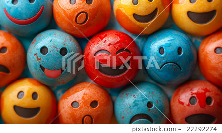 Abstract background of happy emojis with joyful expressions, positivity and fun times. Generative AI 122292274