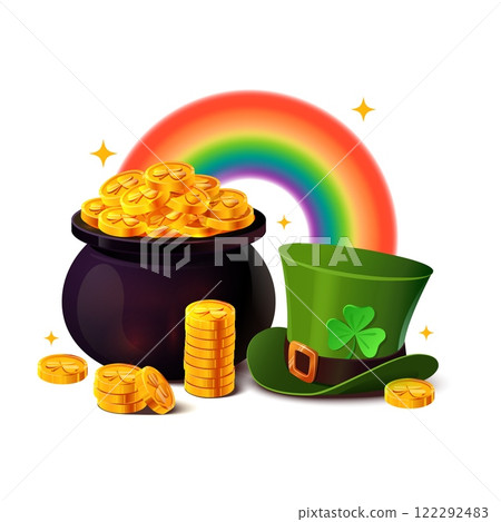 Vibrant vector illustration featuring a classic St. Patrick's Day theme with a pot of gold overflowing with shiny coins, a colorful rainbow, and a leprechaun hat adorned with a shamrock. Magical Vibrant vector illustration featuring a classic St. Patrick's Day theme with a pot of gold overflowing with shiny coins, a colorful rainbow, and a leprechaun hat adorned with a shamrock. Magical 122292483