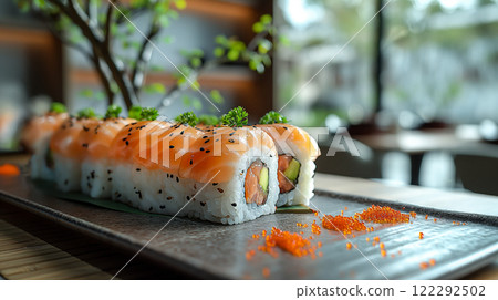 Delicious sushi rolls presented on a sleek black stone plate with elegant garnishes. Generative AI 122292502