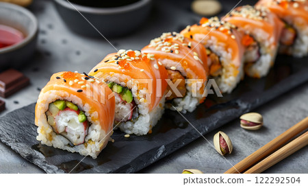 Delicious sushi rolls presented on a sleek black stone plate with elegant garnishes. Generative AI 122292504
