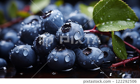 Fresh blueberries glistening with water droplets in a natural setting. Generative AI 122292506
