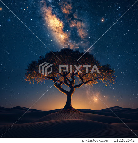 Milky Way shines over solitary tree in desert landscape at night. Generative AI 122292542
