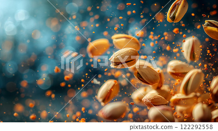 Pistachio nuts are captured mid-air, scattering and breaking apart 122292558