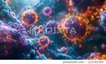 Colorful microscopic view of cells interacting in a surreal environment. Generative AI 122292568