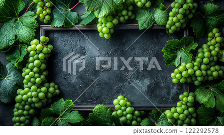Grapes growing on vines surrounded by lush green leaves in a vineyard setting. Generative AI 122292578