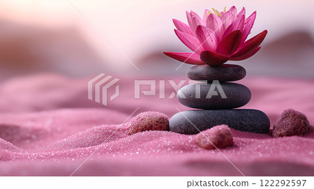 Zen Stones and Lotus Flower on Pink Sand. Generative AI 122292597