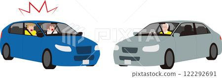 圖：一輛汽車上有一位老人心不在焉地駕駛，一對夫妻即將相撞 122292691