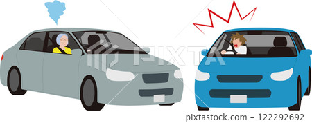 一位老婦心不在焉地開車與一輛即將相撞的汽車的插圖 一位老婦心不在焉地開車與一輛即將相撞的汽車的插圖 122292692