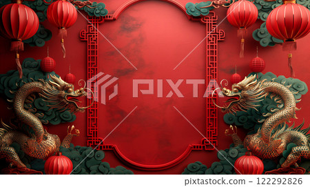 Dragon, lanterns on festive Chinese New Year background in traditional Asian decor. Generative AI 122292826