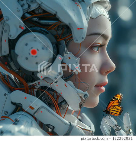 Futuristic child robot interacting gently with a butterfly in a high-tech environment. Generative AI 122292921