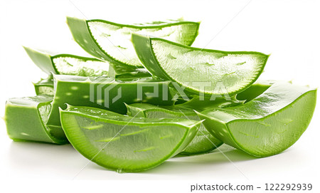 Aloe vera slices showcasing their vibrant green color and fresh texture. Generative AI 122292939