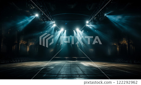 Spotlight shines on a stage with dark curtains and dramatic lighting effects. Generative AI 122292962