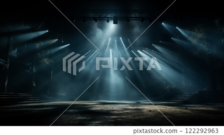 Spotlight shines on a stage with dark curtains and dramatic lighting effects. Generative AI 122292963