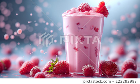 Delicious milkshake with raspberry and a splash of milk on blue background. Generative AI 122292982