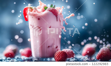 Delicious milkshake with raspberry and a splash of milk on blue background. Generative AI 122292983