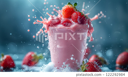 Delicious milkshake with raspberry and a splash of milk on blue background. Generative AI 122292984