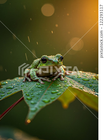 A frog on a leaf on a rainy day 122293117